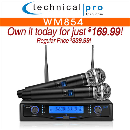 Technical Pro WM854 Professional UHF Dual Wireless Microphone System with Carrying Case