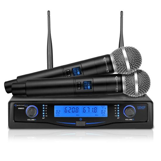 Technical Pro WM854 Professional UHF Dual Wireless Microphone System with Carrying Case