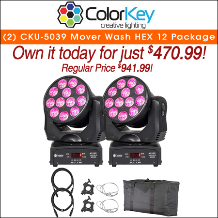 (2) ColorKey CKU-5039 Mover Wash HEX 12 Moving Head Wash Lights with Carrying Bag Package