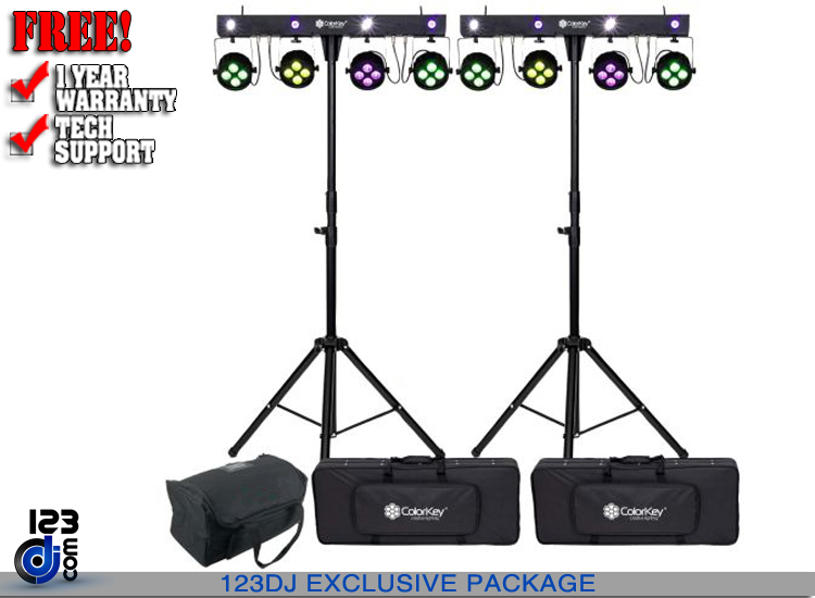 (2) ColorKey CKU-3060 PartyBar Mobile 150 with Stands, Carrying Cases & Transport Bag Package 