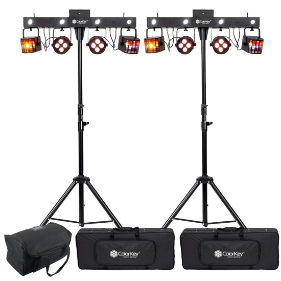 (2) ColorKey CKU-3070 PartyBar Mobile 250 with Red & Green Lasers, Stands, Carrying Cases & Transport Bag Package