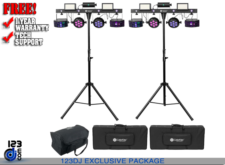 (2) ColorKey CKU-3100 PartyBar Pro 1000 with Red & Green Lasers, 2 LED Blinders, Stands, Carrying Cases & Transport Bag Package  