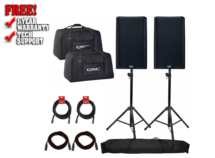 (2) QSC K12.2 K2 Series 12" Loudspeakers with Stands, Cables & Tote Bags Package