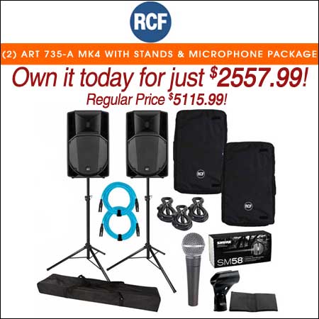 (2) RCF ART 735-A MK4 with Tripod Stands & Vocal Microphone Package