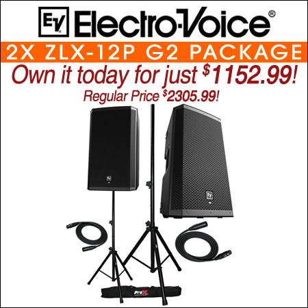 2x Electro-Voice ZLX-12P G2 Active DJ 1000W PA Bluetooth Speaker and Stands Package