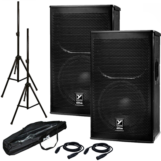 2x Yorkville EF12P Elite Series 2400W Powered Speakers+Stands+XLR Cables Package